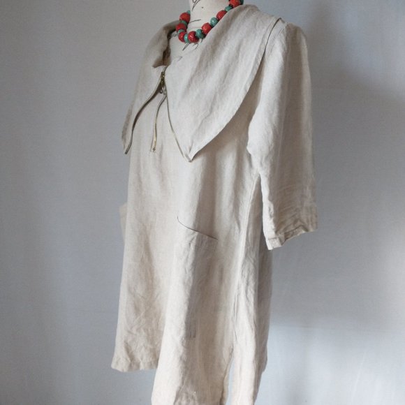 Beni Vie 100%Linen Lagenlook Tunic Top Pocket Natural Fabric Beige S Made in USA - Picture 4 of 10